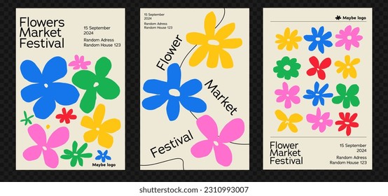 Set of modern colors and flyers with them. Contemporary poster designs with a spring and festival theme. Paper-cut daisies. Vector minimalist collage.