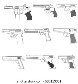 Set of modern combat pistols in a linear style on a white background  for use as logos on cards, in printing, posters, invitations, web design and other purposes.