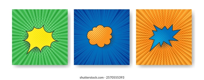 Set of modern comic backgrounds with colorful burst, pop art Halftone dotted texture, ray effect. Perfect for poster, banner and advertisement, social media Design