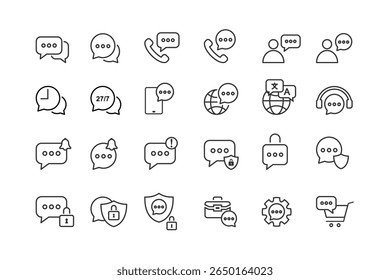 Set of Modern Communication and Chat Icons Outline Style with Security, Notification, Global Support, Language, Headset, Mobile and E-commerce Elements for Web and App UI Design