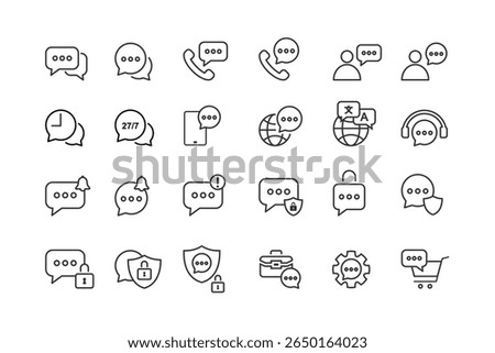 Set of Modern Communication and Chat Icons Outline Style with Security, Notification, Global Support, Language, Headset, Mobile and E-commerce Elements for Web and App UI Design