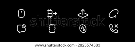 Set of modern communication and cryptocurrency white outline icons. These versatile symbols are perfect for applications focused on digital communication, financial transactions, and online interaction, offering clear and concise visuals.