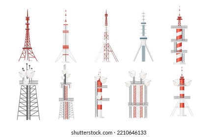 Set of Modern communication tower construction for tv radio network or gsm technology vector illustration isolated on white background