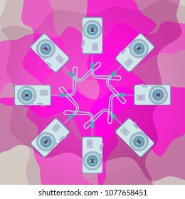 Set of modern compact digital cameras with wrist straps on a pink background. Wifi technology. Flat design. Vector illustration. For catalogs, information, shops, etc