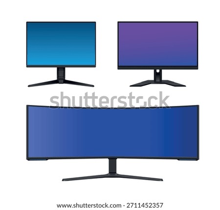 Set of modern computer monitors on a white background. Vector realistic illustration