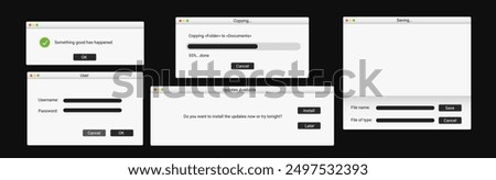 Set of modern computer window. Successful message on screen. Notification on desktop.