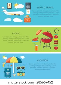 Set of modern concepts in detailed flat horizontal web banner. Items for world travel, picnic, vacation. For site construction,  mobile applications, corporate brochures, book covers, layouts etc.