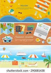 Set of modern concepts in detailed web banner. Traveling, summer vacation, journey. Items for beach holidays in flat design. Relaxing holiday by the sea. For web construction, mobile applications