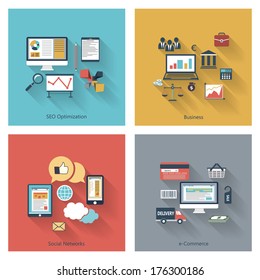 Set of modern concepts in flat design with long shadows and trendy colors for web, mobile applications, seo optimizations, business, social networks, e-commerce etc. Vector eps10 illustration