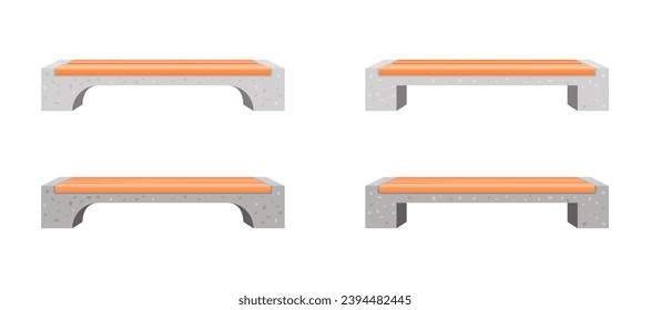 Set of modern concrete marble texture benches drawn in flat cartoon style. Concrete bench with granite stones texture and with wood seat vector isolated on white background.