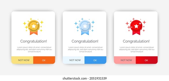 Set of Modern congratulations pop up banner with flat design on white background. Professional web design, full set of elements. User-friendly design materials.