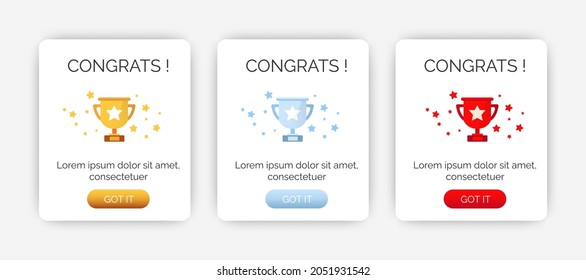 Set of Modern congratulations pop up banner with flat design on white background. Professional web design, full set of elements. User-friendly design materials.