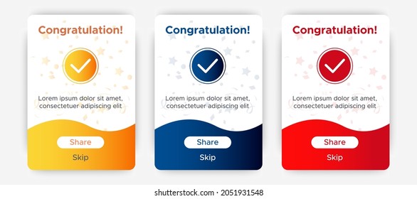 Set of Modern congratulations pop up banner with flat design on white background. Professional web design, full set of elements. User-friendly design materials.