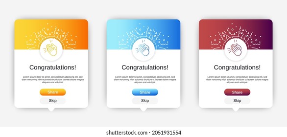 Set of Modern congratulations pop up banner with flat design on white background. Professional web design, full set of elements. User-friendly design materials.