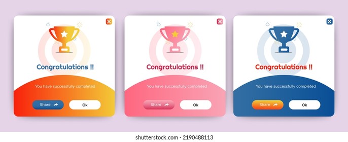 Set of Modern congratulations pop up banner with flat design on white background. Professional web design, full set of elements. User-friendly design materials.