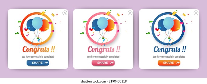 Set of Modern congratulations pop up banner with flat design on white background. Professional web design, full set of elements. User-friendly design materials.