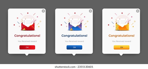 Set of Modern congratulations pop up banner with flat design on white background. Professional web design, full set of elements. User-friendly design materials.
