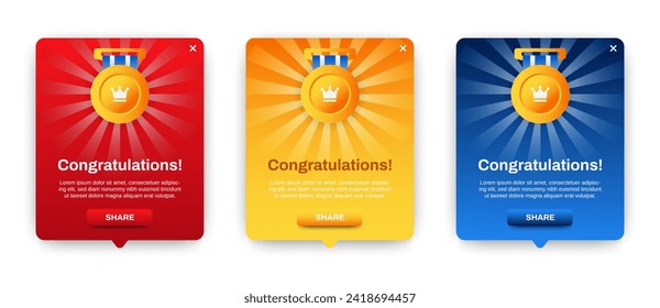 Set of Modern congratulations pop up banner with flat design on white background. Professional web design, full set of elements. User-friendly design materials.