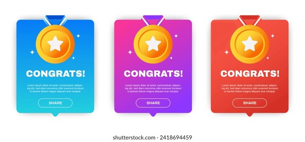 Set of Modern congratulations pop up banner with flat design on white background. Professional web design, full set of elements. User-friendly design materials.