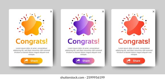 Set of Modern congratulations pop up banner with flat design on white background. Professional web design, full set of elements. User-friendly design materials. vector
