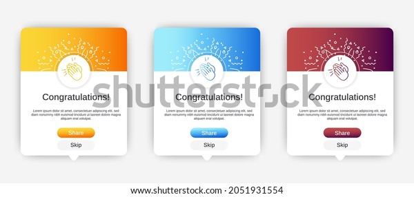 Set of Modern\
congratulations pop up banner with flat design on white background.\
Professional web design, full set of elements. User-friendly design\
materials.