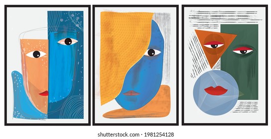 Conjunto de arte abstracto moderno y contemporáneo, rostro femenino, arte vectorial