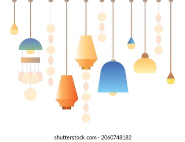 Set of modern contemporary warm ceiling lanterns hanging on ceiling with isolated background, drew in flat illustration vector style.