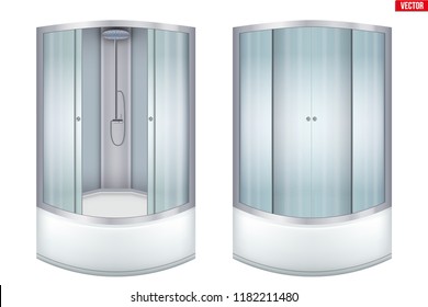 Set Of Modern Corner Shower Cabin. Glass Door And Angular Installation. Opened And Closed Doors. Sample Vector Illustration Isolated On White Background.