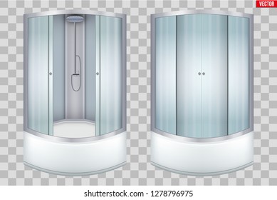 Set Of Modern Corner Shower Cabin. Glass Door And Angular Installation. Opened And Closed Doors. Sample Vector Illustration Isolated On Transparent Background.