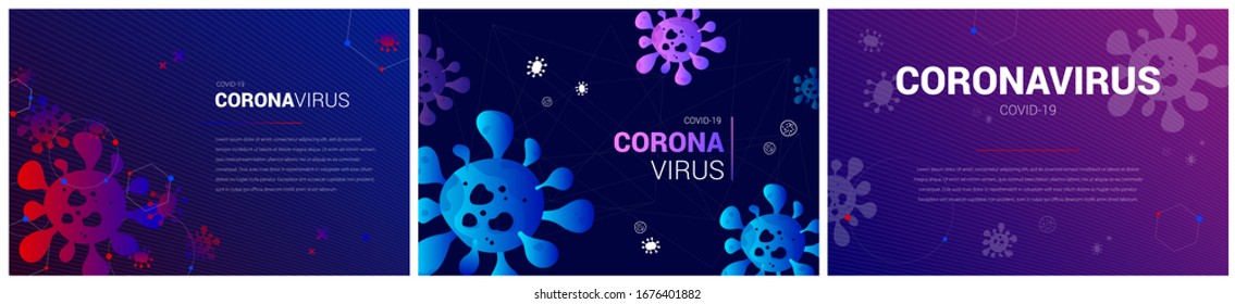 Set Of Modern Coronavirus Posters. Covid 19. Medical Orientation Poster. New Virus Pandemic. The Fight Against Coronavirus. Vector Background With Virus Cells.