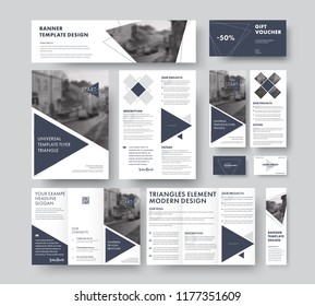 set of modern corporate style with triangular design elements, lines and a place for photos. Vector of flyer templates, brochures, vouchers, cards and banners.