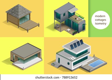 Set of modern cottages and houses in isometric schemes. Vector graphics