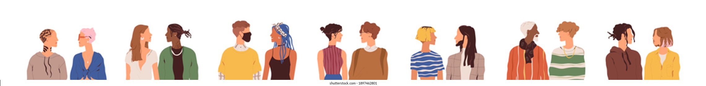 Set of modern couples chatting or talking. Young people meeting and communicating. Diverse faceless characters looking at each other. Colored flat vector illustration isolated on white background