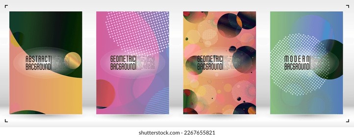Set von moderner Abdeckung mit Farbverlauf-Mesh-Holografie-Kreisen. Zukünftiges Minimal Web Design mit abstrakter Komposition. Identitätsstil für Ihr Business Flyer.