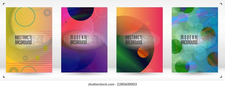 Conjunto de portada moderna con círculos holográficos de malla degradada. Diseño de páginas geométricas luminosas con líneas, puntos, formas redondeadas. Estilo de identidad para su viajero de negocios.