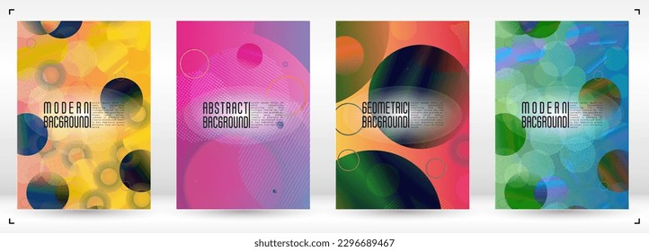 Conjunto de portada moderna con círculos holográficos de malla degradada. Diseño de plantillas gráficas de Hipster con líneas, puntos, formas redondeadas. Estilo de identidad para su viajero de negocios.