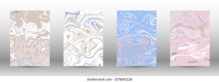  A set of modern covers. Abstract marble pattern. Light blue, beige, pink, white pattern with lava figures. An illustration consisting of blurred lines, circles. Template for your business design.