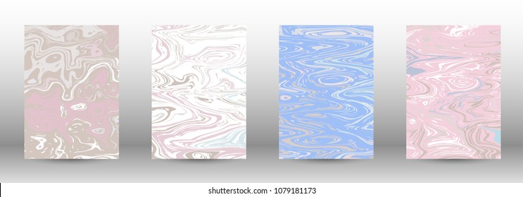  A set of modern covers. Abstract marble pattern. Light blue, beige, pink, white pattern with lava figures. An illustration consisting of blurred lines, circles. Template for your business design.