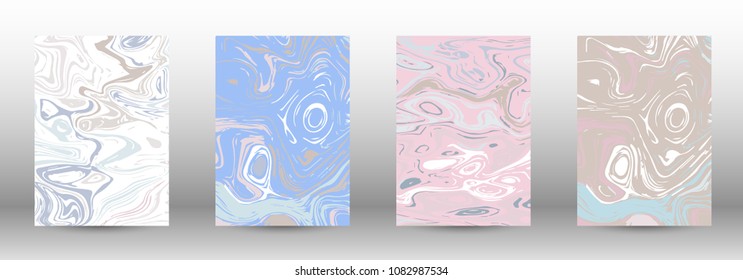  A set of modern covers. Abstract marble pattern. Light blue, beige, pink, white pattern with lava figures. An illustration consisting of blurred lines, circles. Template for your business design.
