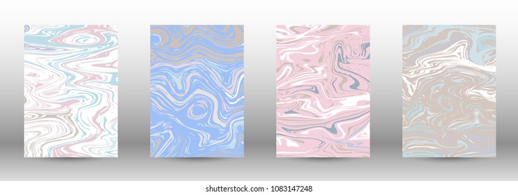  A set of modern covers. Abstract marble pattern. Light blue, beige, pink, white pattern with lava figures. An illustration consisting of blurred lines, circles. Template for your business design.