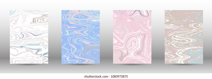  A set of modern covers. Abstract marble pattern. Light blue, beige, pink, white pattern with lava figures. An illustration consisting of blurred lines, circles. Template for your business design.