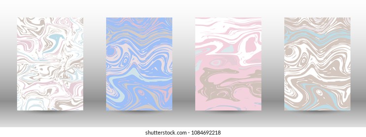  A set of modern covers. Abstract marble pattern. Light blue, beige, pink, white pattern with lava figures. An illustration consisting of blurred lines, circles. Template for your business design.