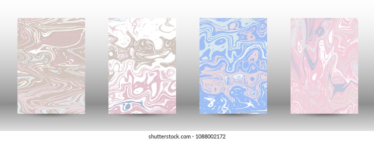  A set of modern covers. Abstract marble pattern. Light blue, beige, pink, white pattern with lava figures. An illustration consisting of blurred lines, circles. Template for your business design.