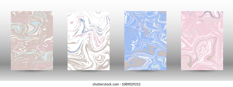  A set of modern covers. Abstract marble pattern. Light blue, beige, pink, white pattern with lava figures. An illustration consisting of blurred lines, circles. Template for your business design.