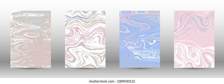  A set of modern covers. Abstract marble pattern. Light blue, beige, pink, white pattern with lava figures. An illustration consisting of blurred lines, circles. Template for your business design.