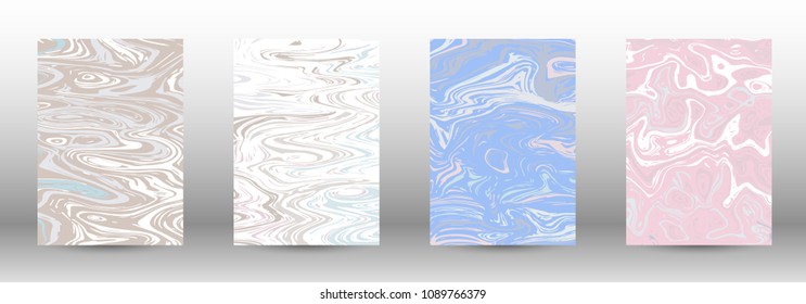  A set of modern covers. Abstract marble pattern. Light blue, beige, pink, white pattern with lava figures. An illustration consisting of blurred lines, circles. Template for your business design.