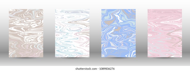  A set of modern covers. Abstract marble pattern. Light blue, beige, pink, white pattern with lava figures. An illustration consisting of blurred lines, circles. Template for your business design.