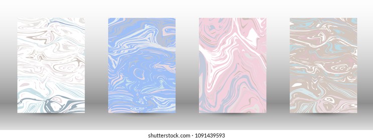  A set of modern covers. Abstract marble pattern. Light blue, beige, pink, white pattern with lava figures. An illustration consisting of blurred lines, circles. Template for your business design.