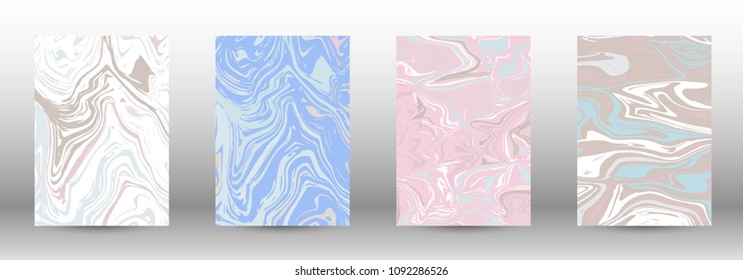  A set of modern covers. Abstract marble pattern. Light blue, beige, pink, white pattern with lava figures. An illustration consisting of blurred lines, circles. Template for your business design.