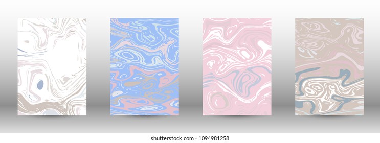  A set of modern covers. Abstract marble pattern. Light blue, beige, pink, white pattern with lava figures. An illustration consisting of blurred lines, circles. Template for your business design.